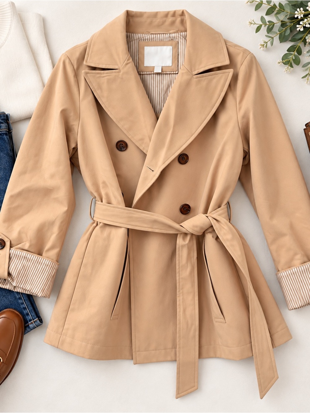 Weatherproof Tan Double-Breasted Trench Coat with Belt